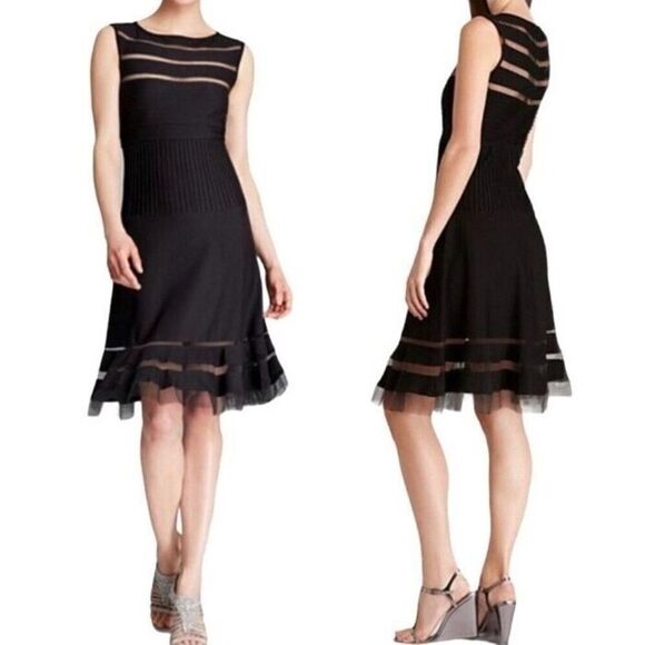 TADASHI SHOJI Designer Mesh Stripe Fit n Flare Illusion Dress Black Size 3X - Picture 3 of 12